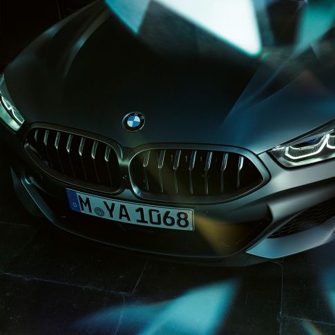 Doubles naseaux, BMW M850i xDrive Gran Coupé Vue frontale rapprochée des doubles naseaux de la BMW M850i xDrive Gran Coupé G16 2019 en BMW Individual Frozen Bluestone metallic