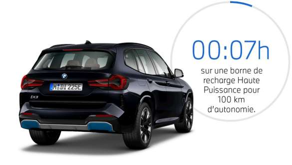 SUV électrique BMW iX3 G08 2021 – vue de trois quart arrière SUV électrique BMW iX3 G08 2021 – vue de trois quart arrière avec représentation graphique de la durée de charge