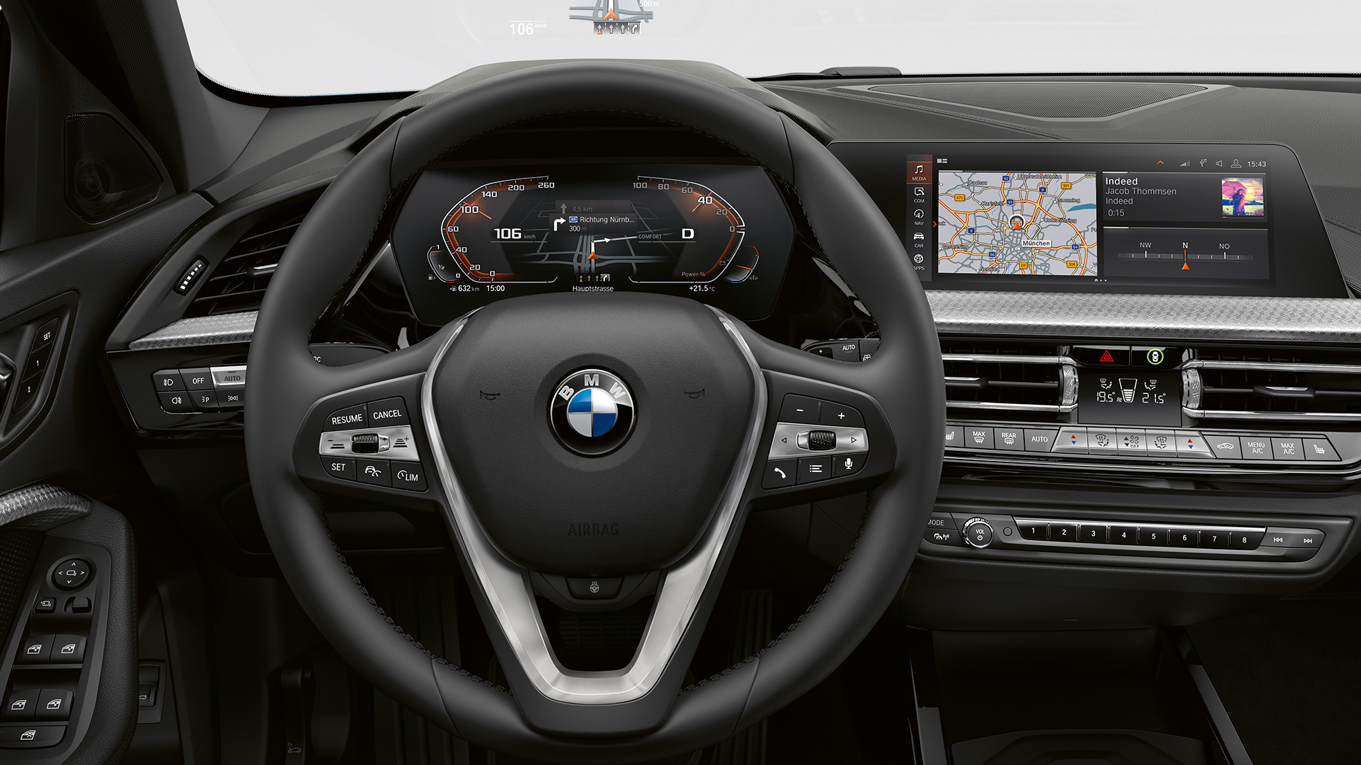 Volant sport en cuir. BMW Série 1, Modèle Luxury, poste de conduite avec volant Sport en cuir.