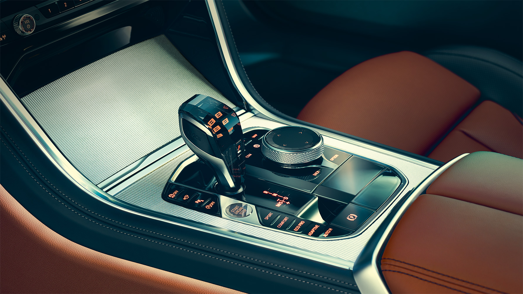 BMW Série 8 Coupé, console centrale Détail : l'habitacle de la BMW Série 8 Coupé, mise en évidence de la console centrale.