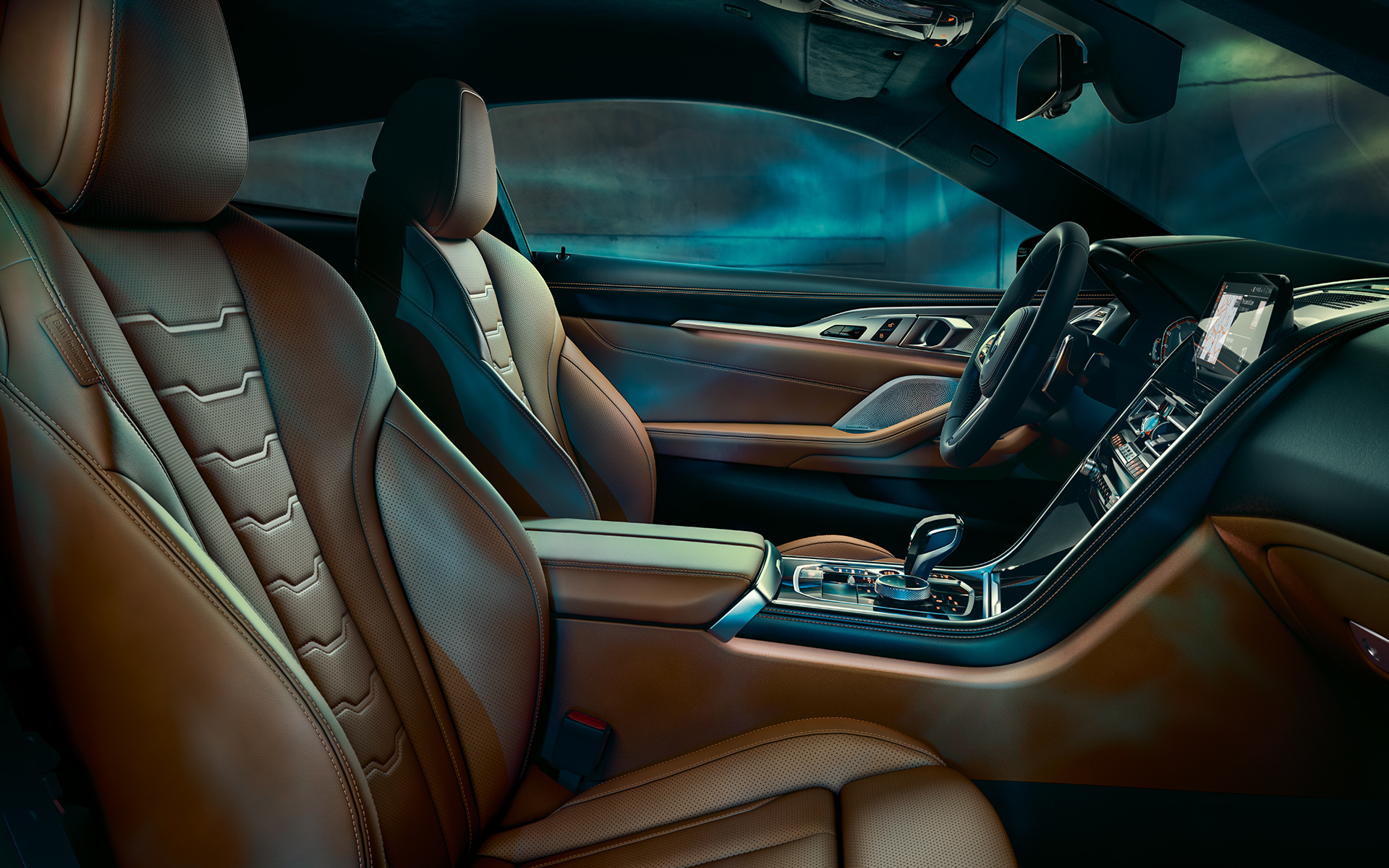 BMW Série 8 Coupé, poste de conduite L'habitacle de la BMW Série 8 Coupé, mise en évidence du poste de conduite.