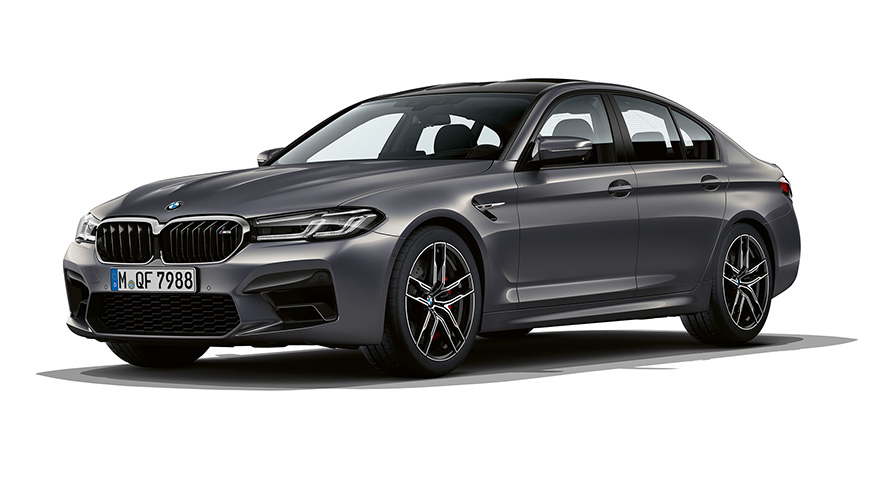 BMW M5 F90 LCI restylage 2020 Brands Hatch Grau metallic vue de trois quarts avant