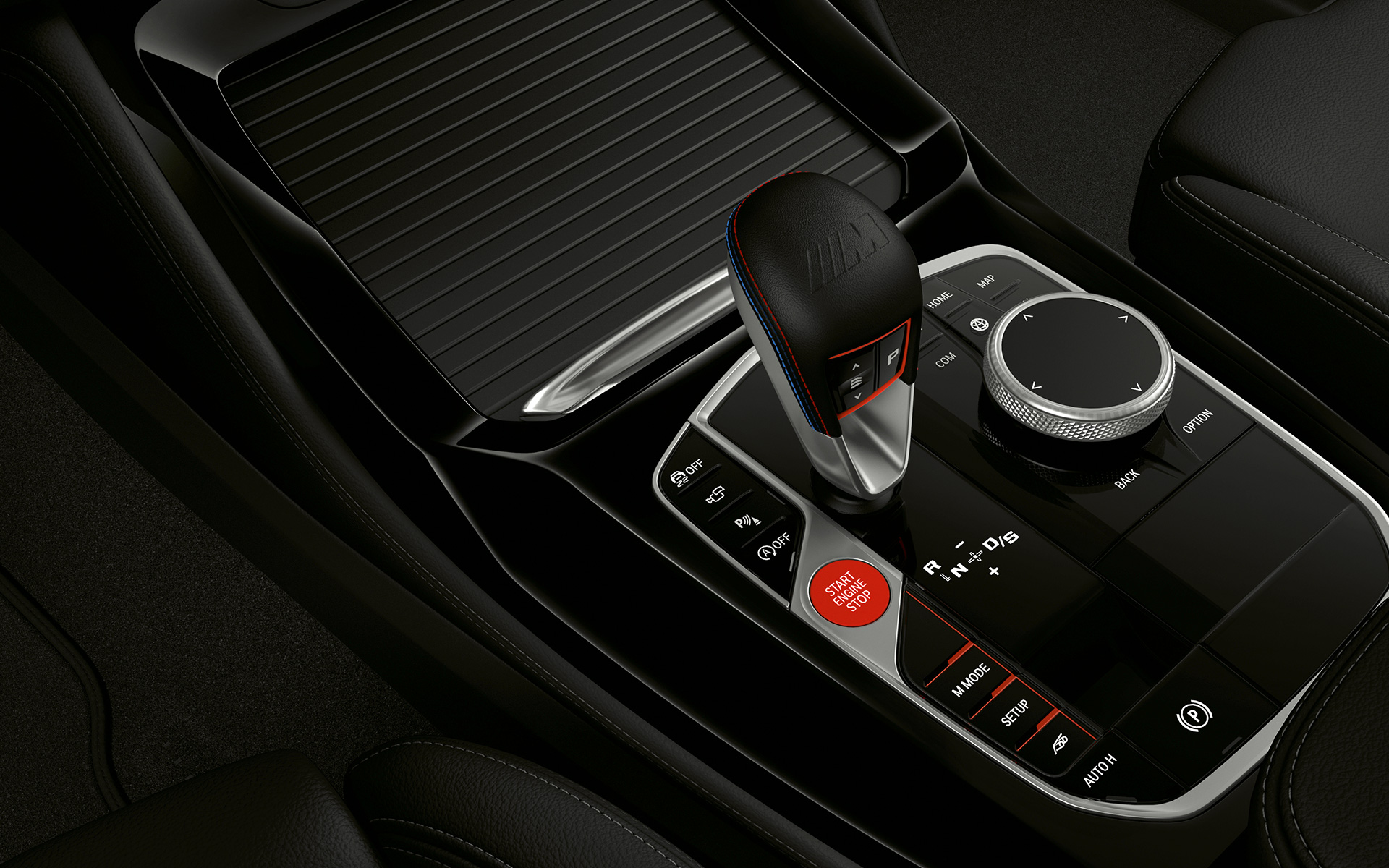 BMW X4 M Competition F98 LCI Facelift 2021 console centrale vue en gros plan sélecteur de vitesse M