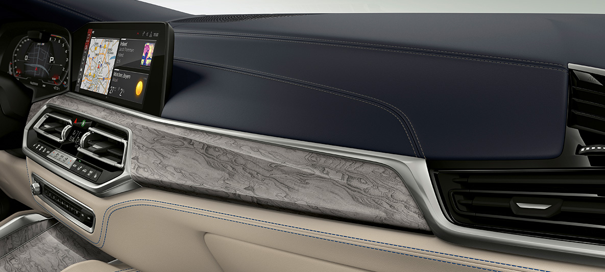 BMW X6 M Individual F96 2020, habitacle BMW X6 M F96 2020, habitacle, inserts de décoration Individual en Esche Maser Silbergrau hochglänzend