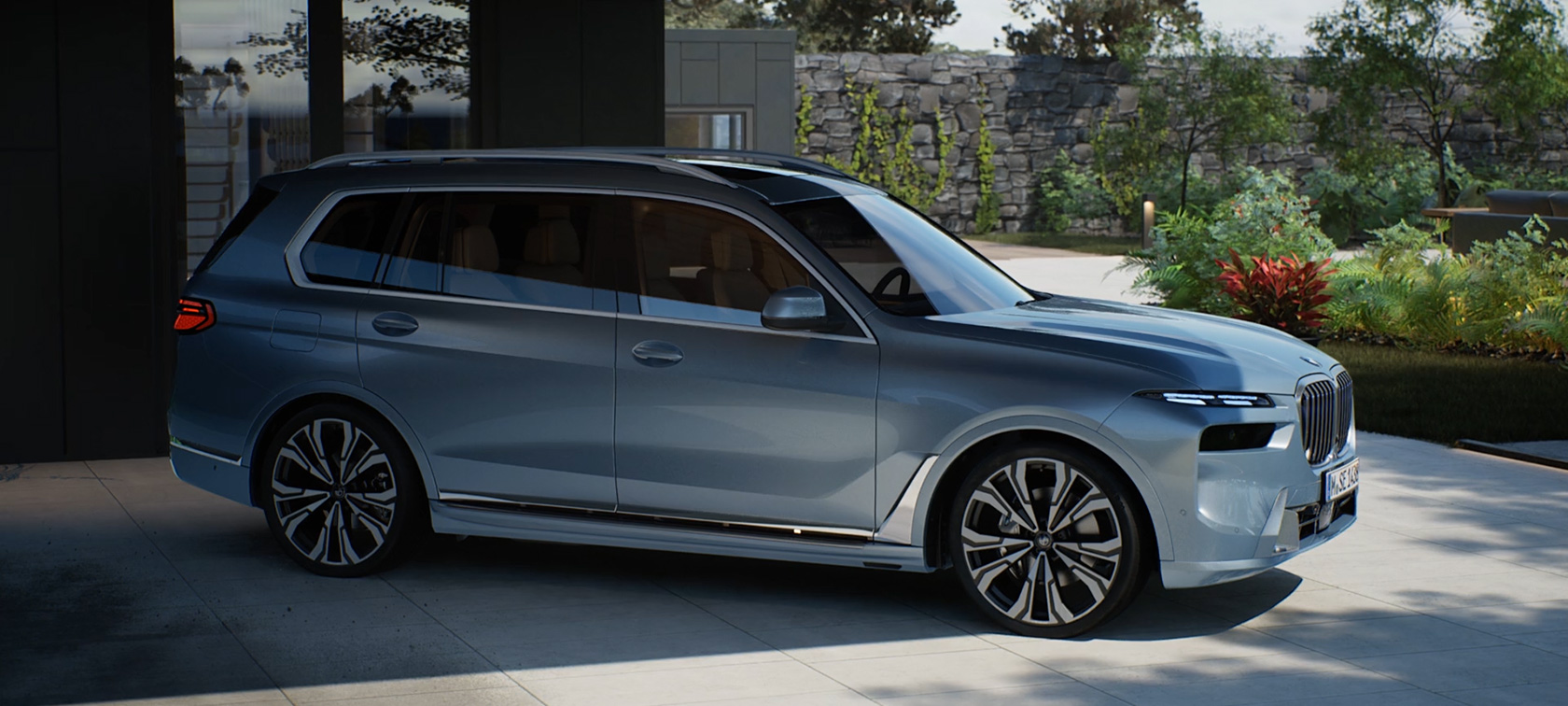 BMW X7 G07 LCI vue de profil 7/8 Sparkling Kupfergrau metallic vidéo BMW X7 G07 LCI vue de profil 7/8 à l’arrêt Sparkling Kupfergrau metallic vidéo