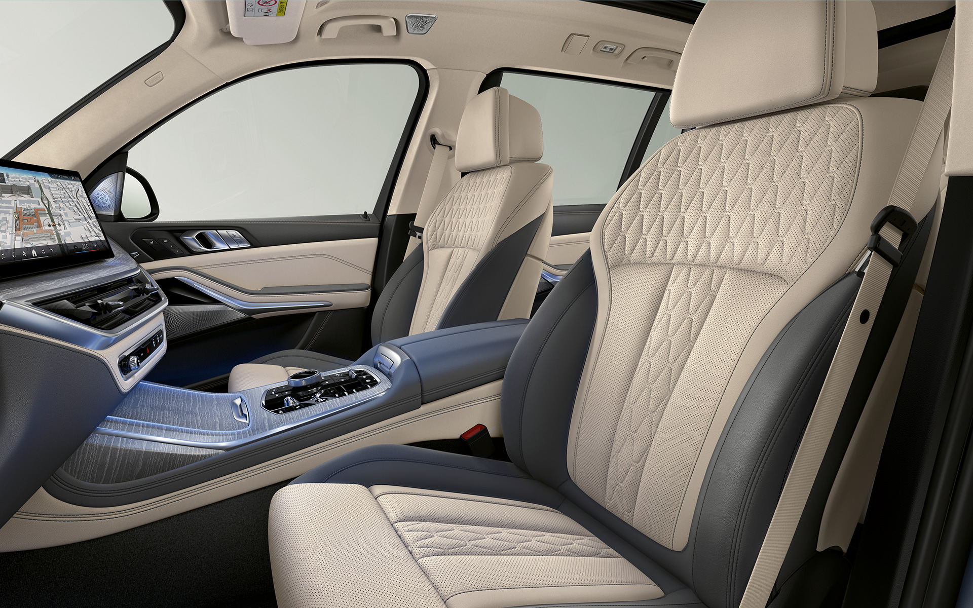 BMW X7 G07 LCI – vue latérale sur le siège conducteur et la sellerie Sensafin