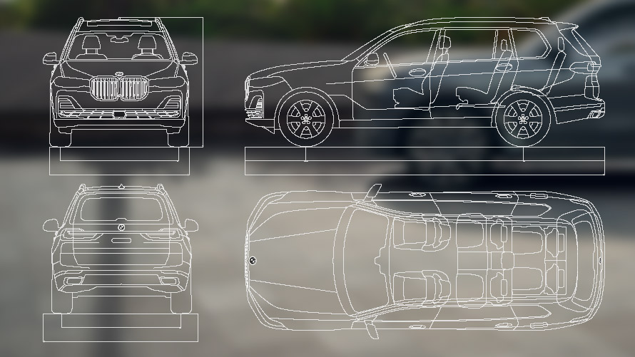 Dessins cotés de la BMW X7 G07 LCI Dessins cotés avant profil arrière en plan BMW X7 G07 LCI