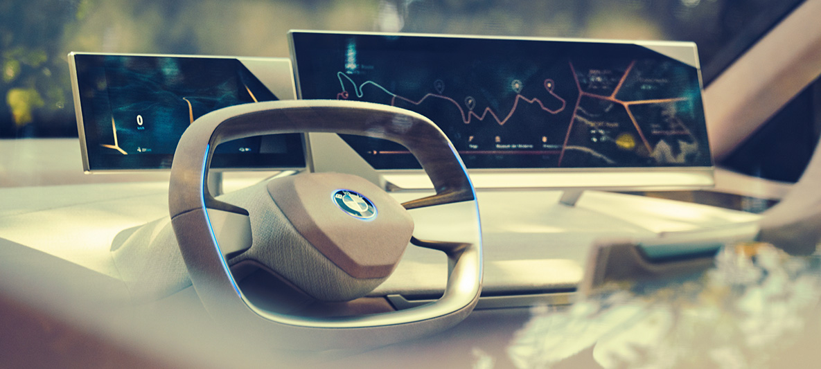 Intérieur de la BMW Vision iNEXT Intérieur de la BMW Vision iNEXT, avec volant et tableau de bord